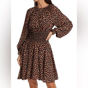 Kate Spade Dotty Spin Leopard Dress J219 Womens Medium Smocked Waist Fit Flare